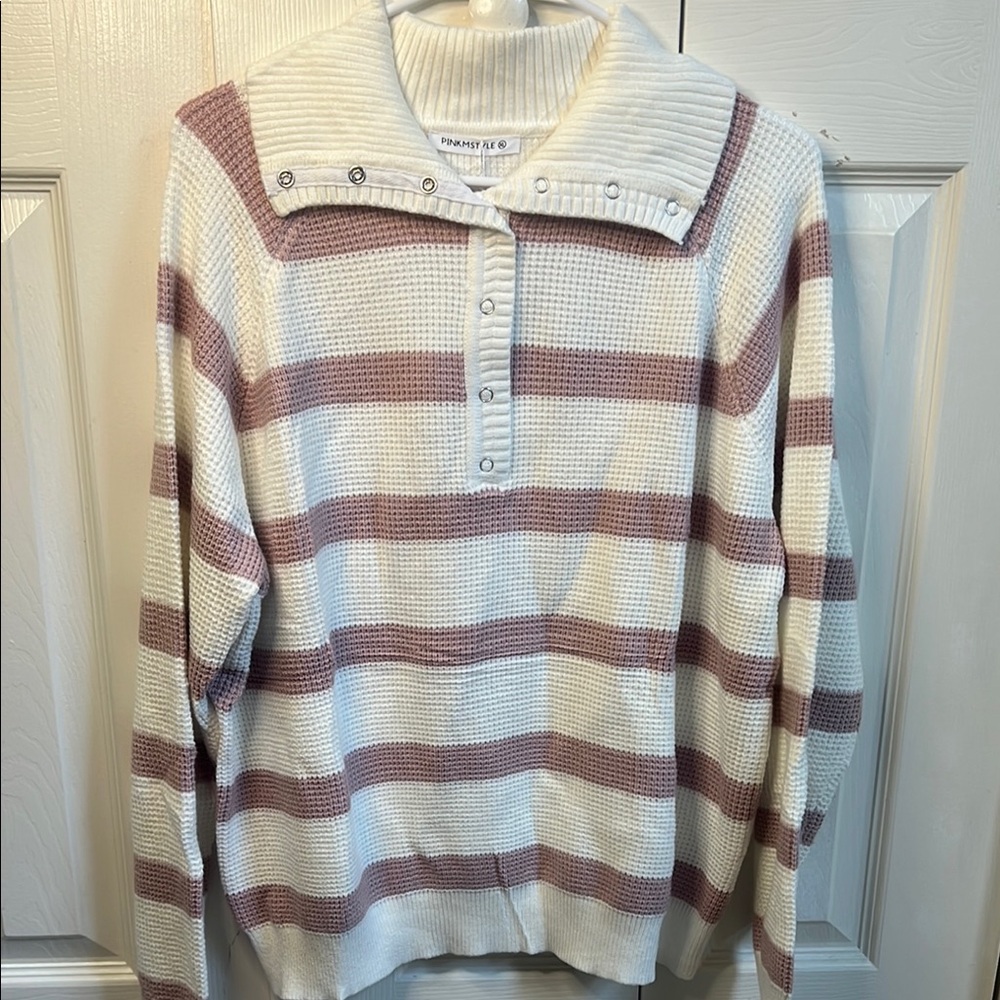 Pink and Cream Turtleneck Sweater with Cowl Design